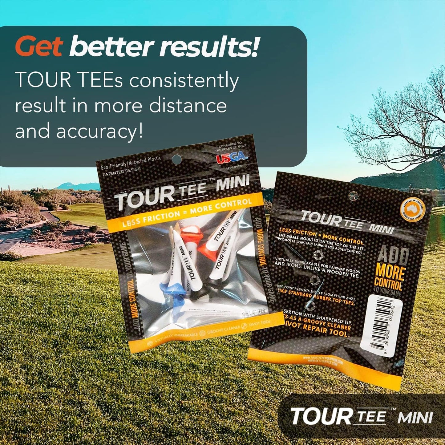 CMCDESIGN Tour Tee Mini Pack - Frictionless Golf Tees for More Distance & Consistent Yards - Reusable, Made w/Recycled Plastic and Virtually Unbreakable - Six 1.75” Short Golf Tees w/Rubber Tip