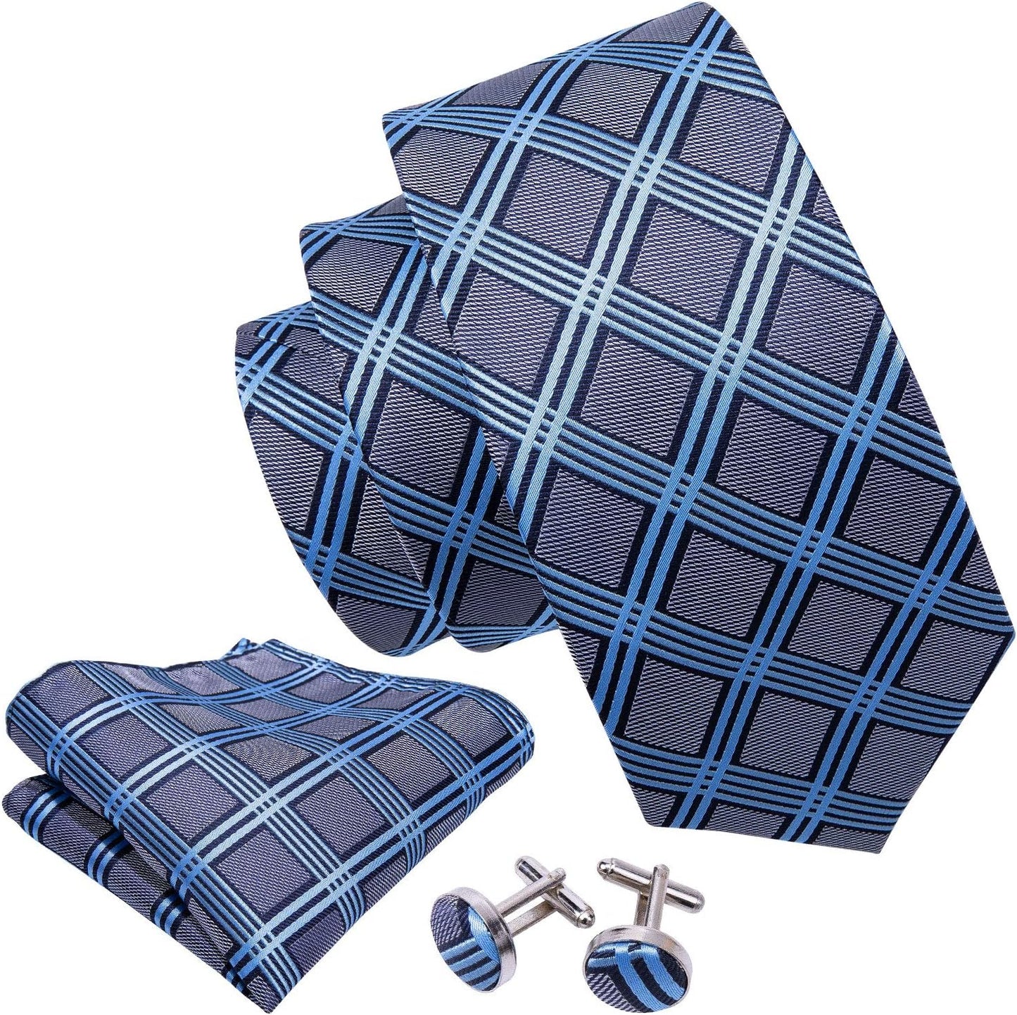 Barry.Wang Designer Classic Ties for Men Set Formal Pocket Square Cufflink Check Plaid