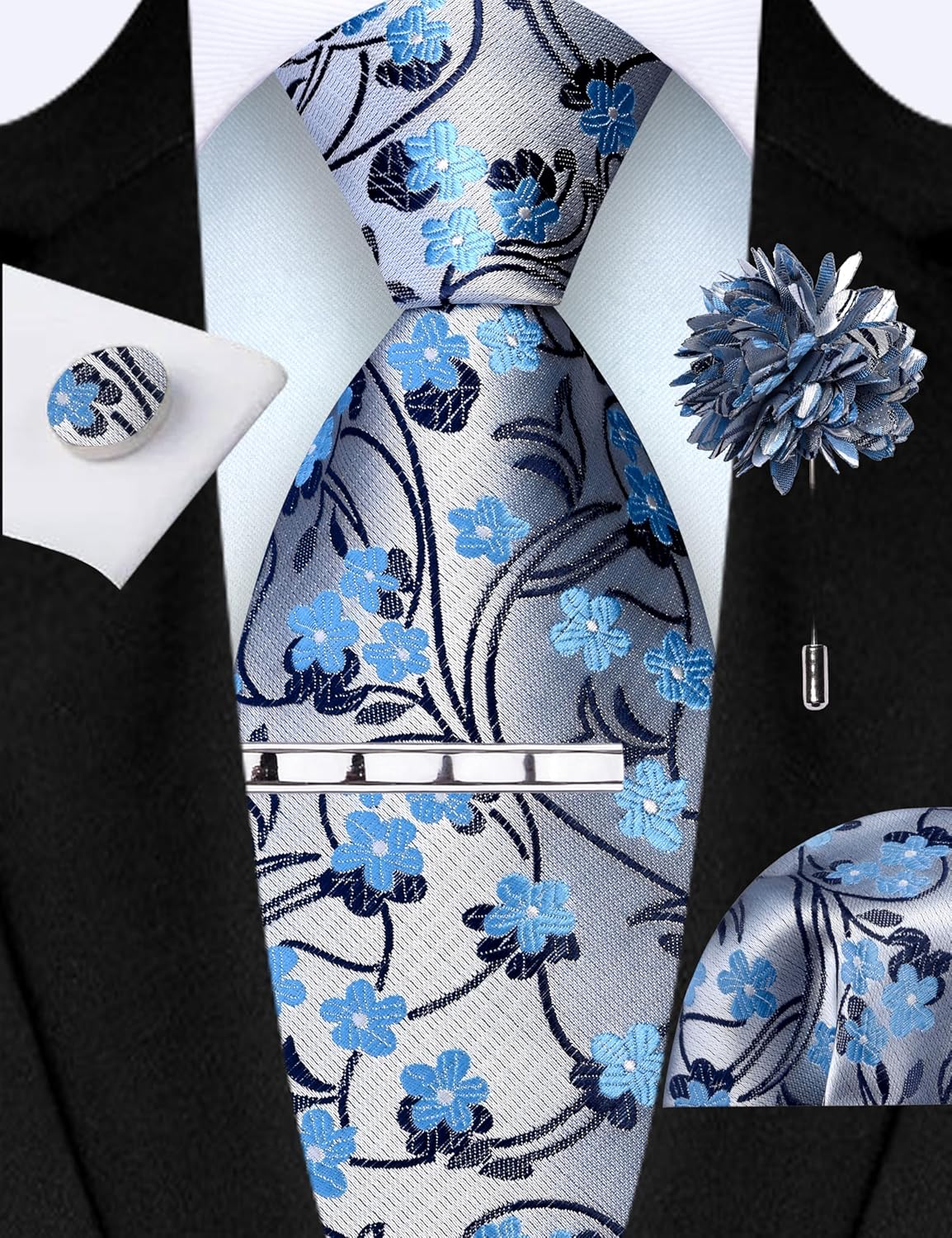 GUSLESON Tie Set for Men Necktie and Pocket Square,Tie Clip,Cufflinks, Lapel Pin Sets with Gift Box 5PCS