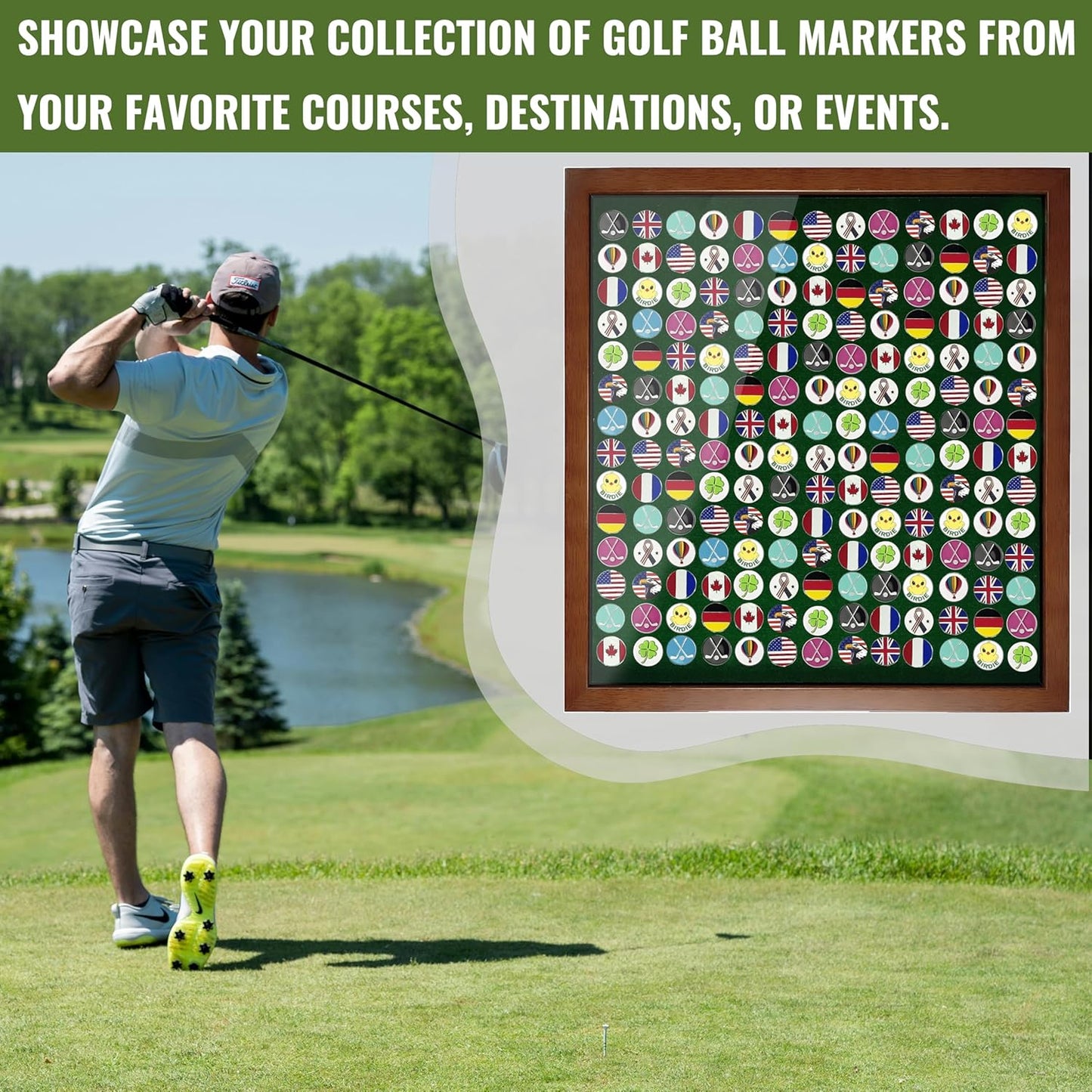 100 Golf Ball Marker Display Case Magnetic 15.5" W x 16.5" H Wall Mounted Ball Marker Display Frame Shadow Box Acrylic Cover Magnetic Back Panel Suitable for Collecting Golf Ball Marker