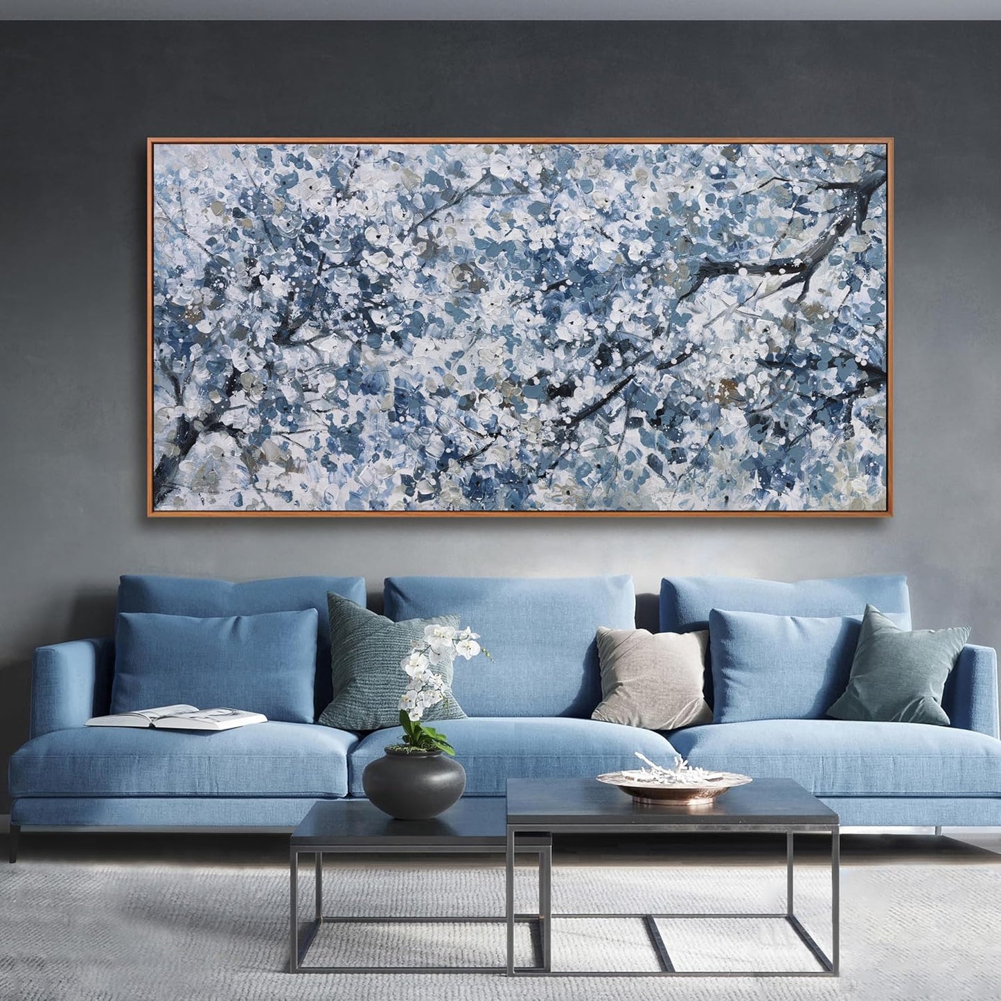 Canvas Wall Art Pictures Wall Decoration Dark Blue And White Abstract Tree Plants Artwork Large Wall Art Modern Painting Framed Pictures For Living Room Home Kitchen Office 29"X58"