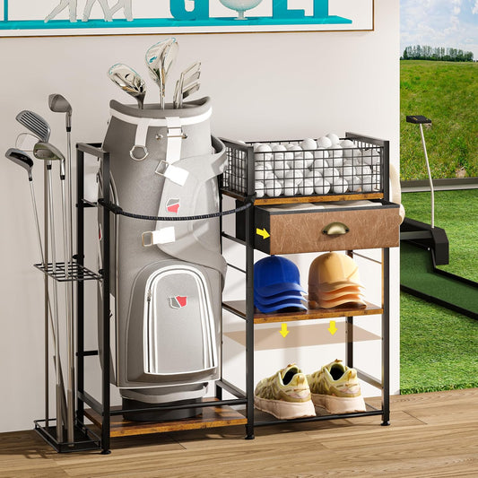Golf Bag Organizer with Drawer for Golf Accessories for Men, Golf Bag Stand with Extra Storage Rack for Clubs, Golf Bag Holder for Golf Storage Fits 1 Bag, Garage, Home or Club Use, Golf Gifts for Dad