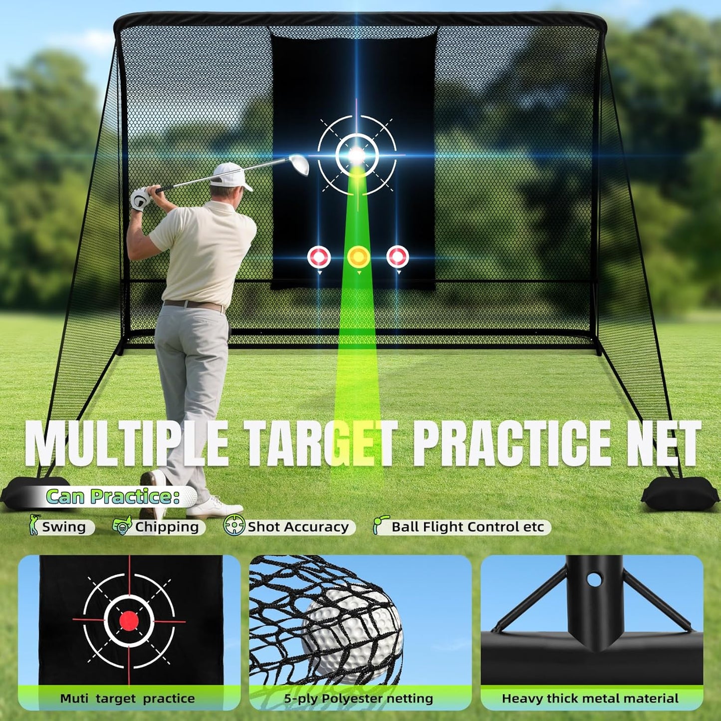 10x7FT Golf Practice Hitting Net, Heavy Steel Frame, Side Barriers, Low-Noise Target Cloth, for Backyard Driving Chipping Swing Training, Indoor/Outdoor Driving Range with Carry Bag