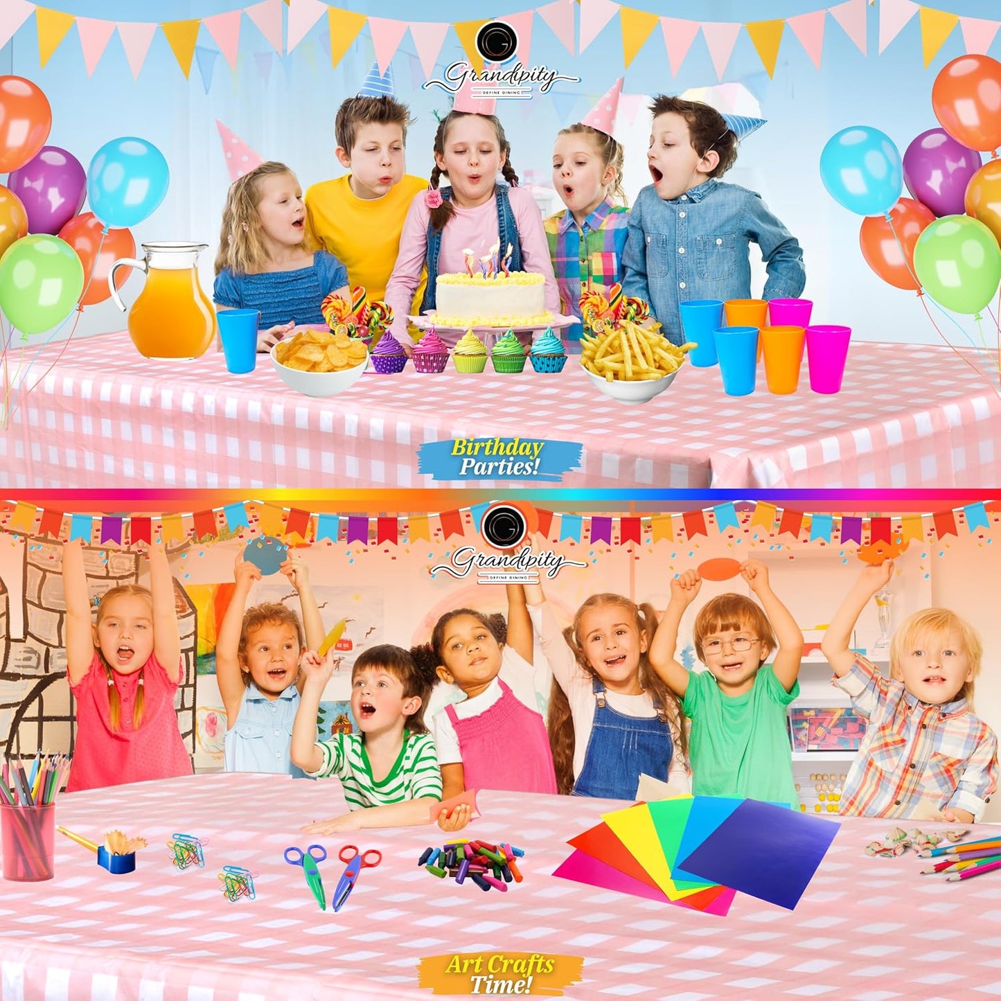 Grandipity 12 Pack Premium Disposable Plastic Tablecloth 54 Inch. x 108 Inch. Decorative Rectangle Table Cover - Pink Checkered Gingham