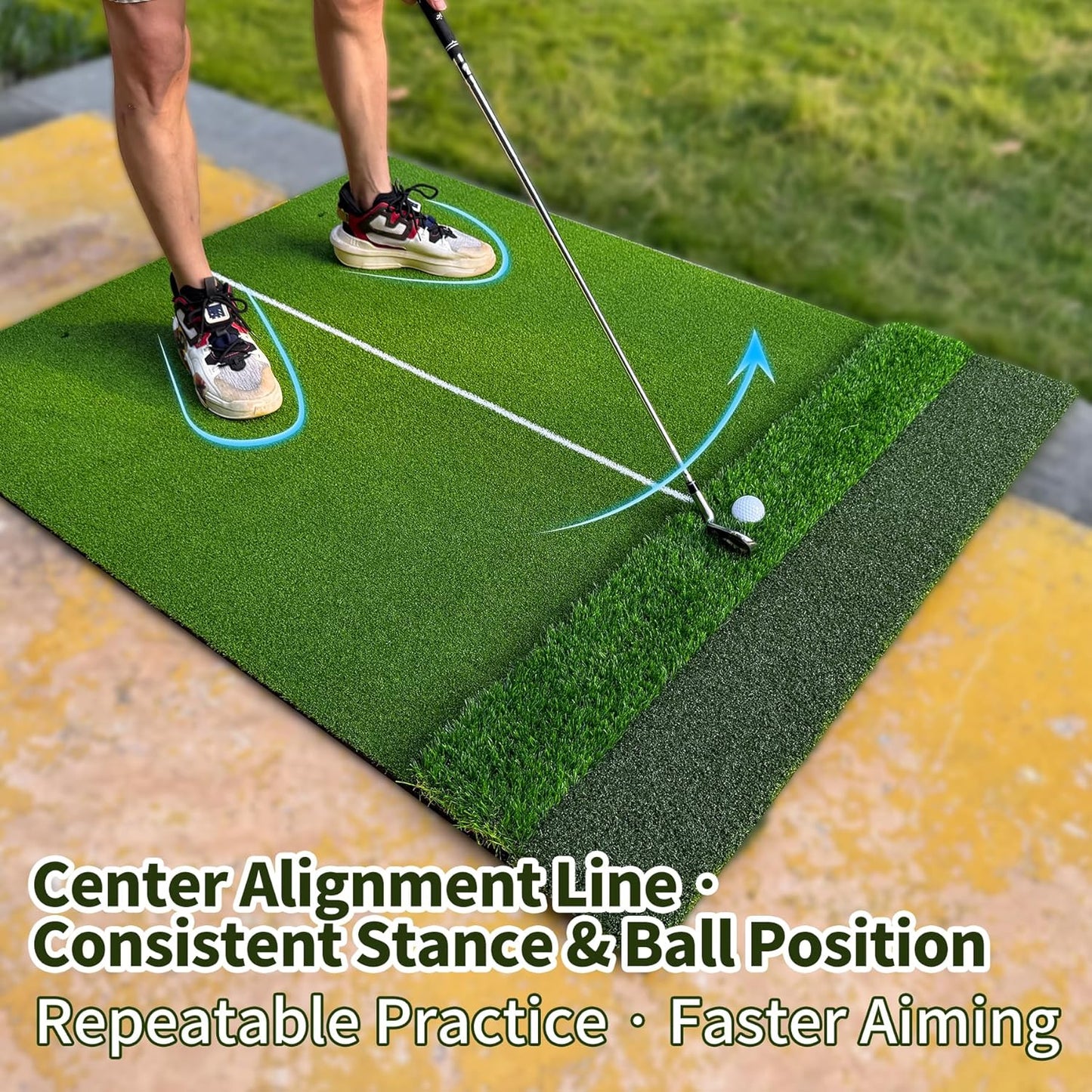 3-in-1 Golf Hitting Mat 5x4ft, Thick Golf Practice Mat with Alignment Line, Fairway/Rough/T-Turf Golf Training Mat, 14 Tees, Golf Mats Practice Indoor Outdoor for Hitting Driving Swing Chipping