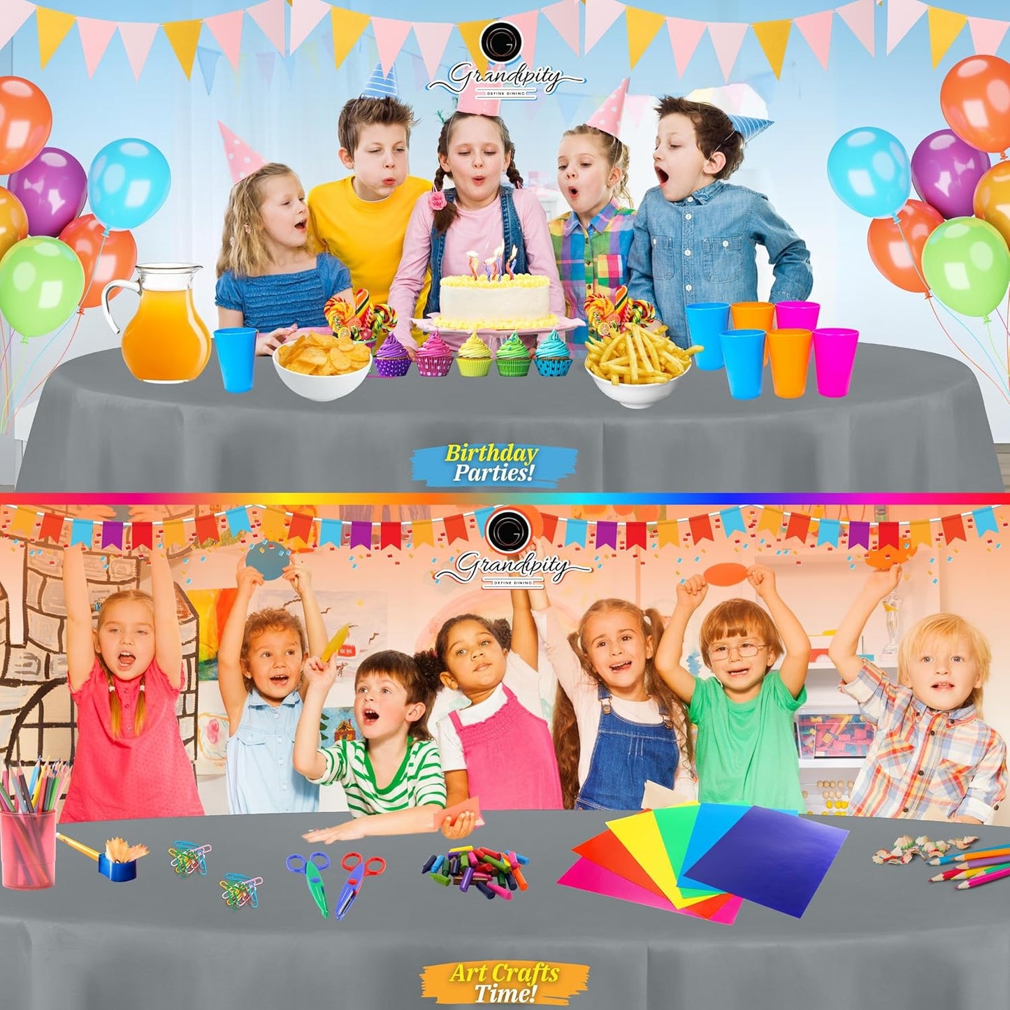 Grandipity 12 Pack Premium Disposable Plastic Tablecloth 84" Inch Decorative Round Table Cover - Silver