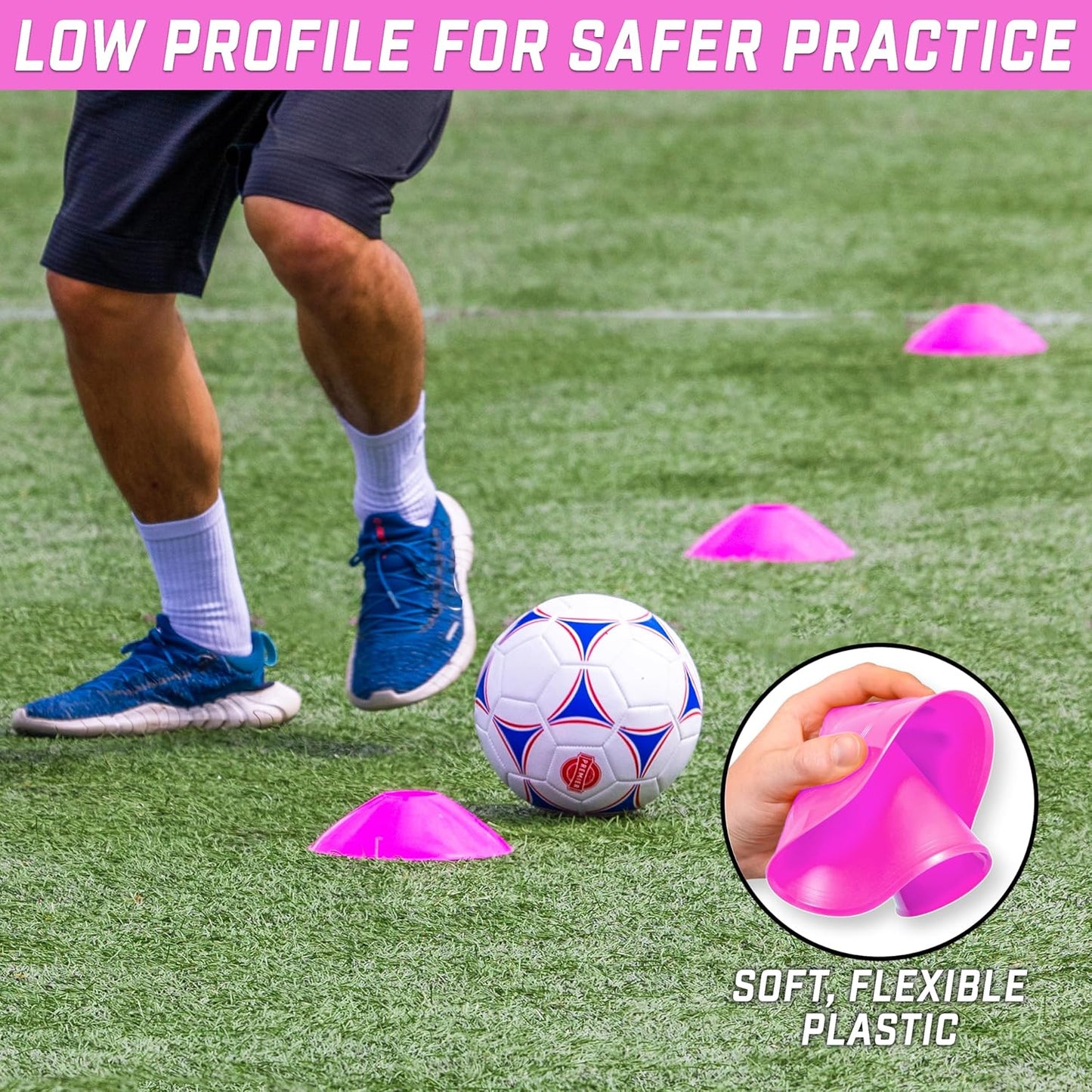 GoSports Premium Sports Cones for Agility Training and Drills - 20 Pack with Tote - Orange, Green, Pink, Yellow, or Red