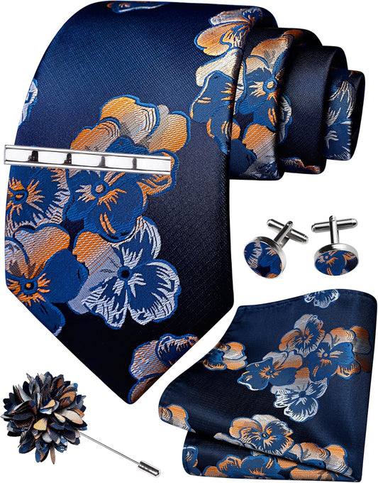 GUSLESON Tie Set for Men Necktie and Pocket Square,Tie Clip,Cufflinks, Lapel Pin Sets with Gift Box 5PCS
