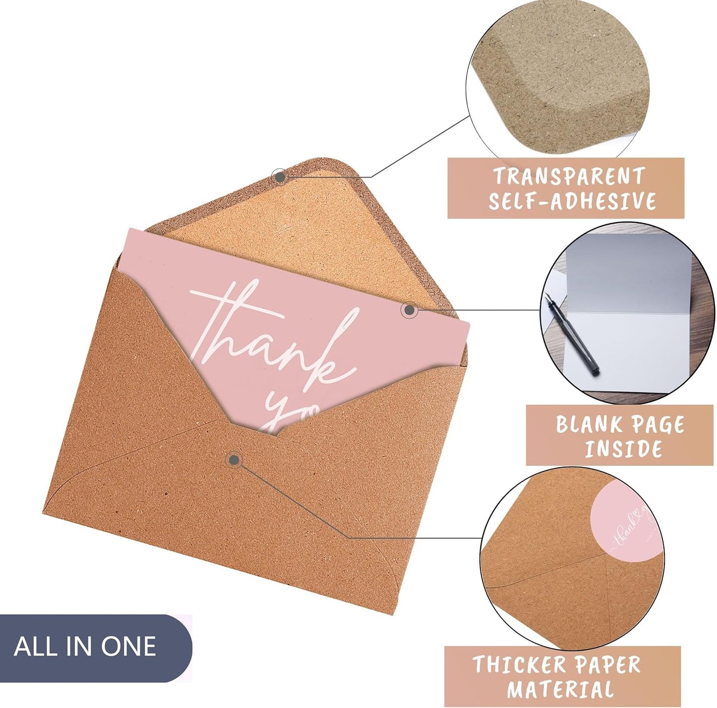100 Bulk Pink Thank You Cards with Kraft Envelopes and stickers - 4 Minimalistic Designs Blank Thank You Notes with Envelopes for business Wedding Bridal Gift Baby Shower Business Graduation