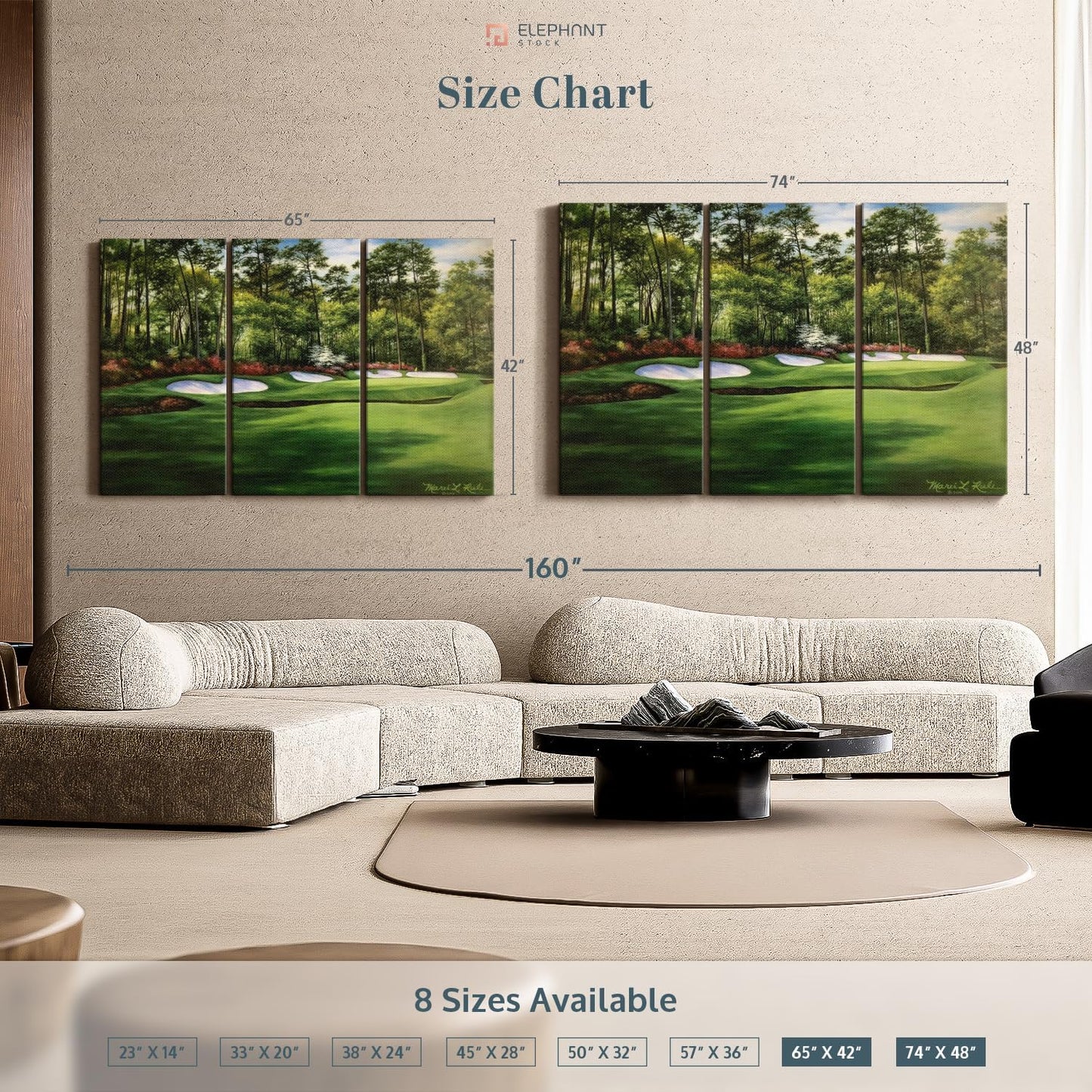 ElephantStock Augusta National 13th Hole I Wall Art - Horizontal Canvas - 3-Piece Living Room Wall Decor - Painting Sports Canvas Print - Green and Red Decor for Wall by Marci Rule - 65" X 42"