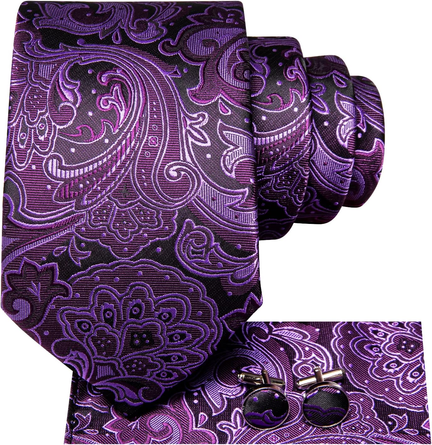 Hi-Tie Men 63inches Tie Set Extra Long Necktie Paisley Tie Pocket Suqare Cufflinks Big and Tall Men Tie