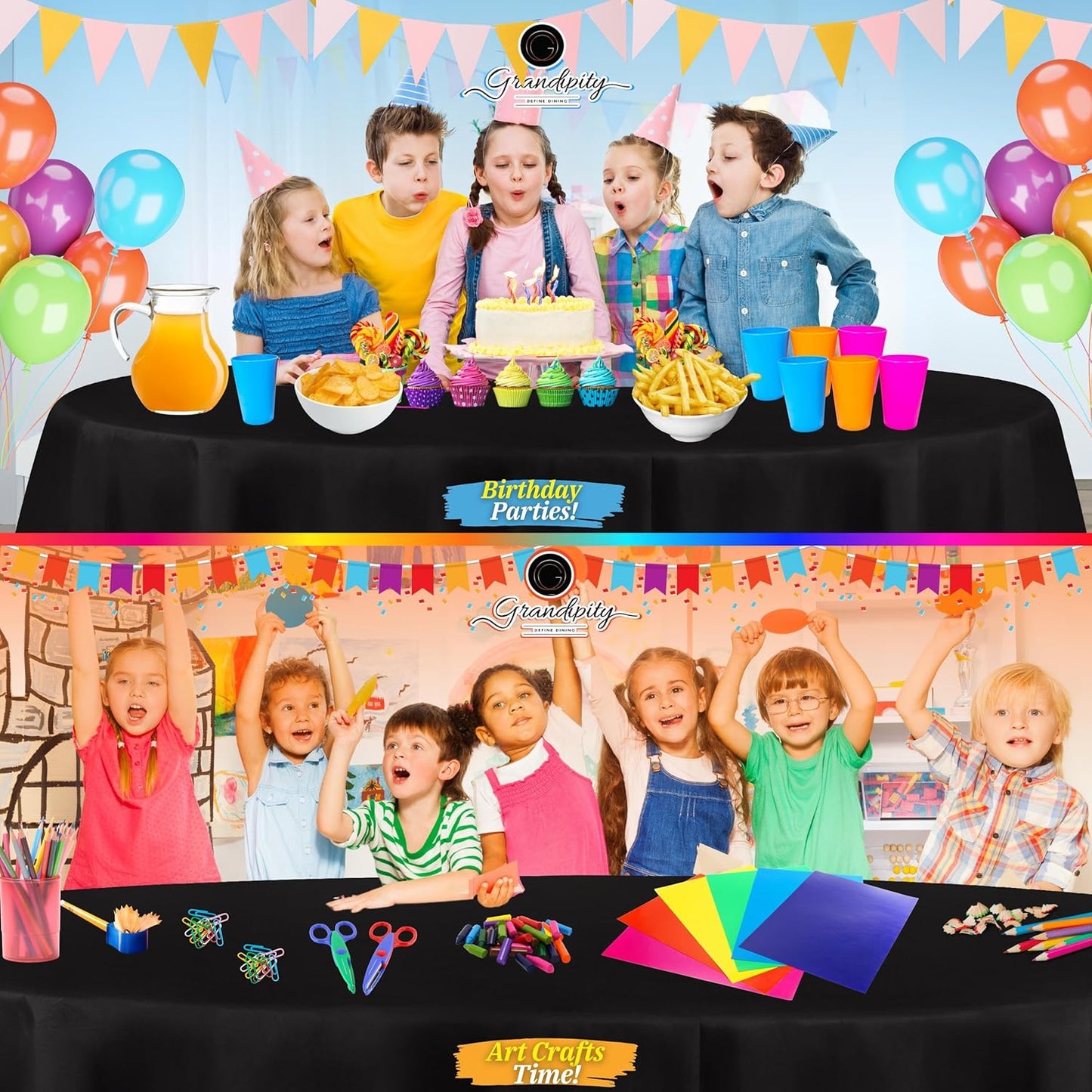 Grandipity 12 Pack Premium Disposable Plastic Tablecloth 84" Inch Decorative Round Table Cover - Black