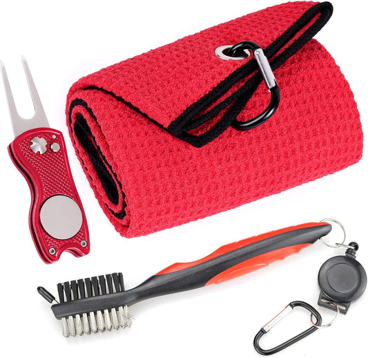 Mile High Life Microfiber Waffle Pattern Golf Towel | Club Groove Cleaner Brush | Foldable Divot Tool with Magnetic Ball Marker (Red Towel/Brush/Fish Divot)