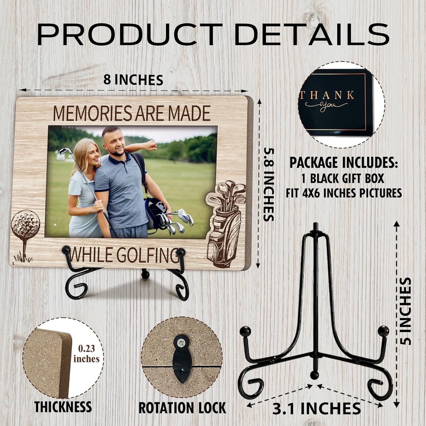 Special Golf Gifts for Women Men Friends, Warm Memory Gift for Family, Golf Decorative Photo Frame, Wooden Picture Frame with Stand, Golfer Present, Home Office Desk Decor-B25