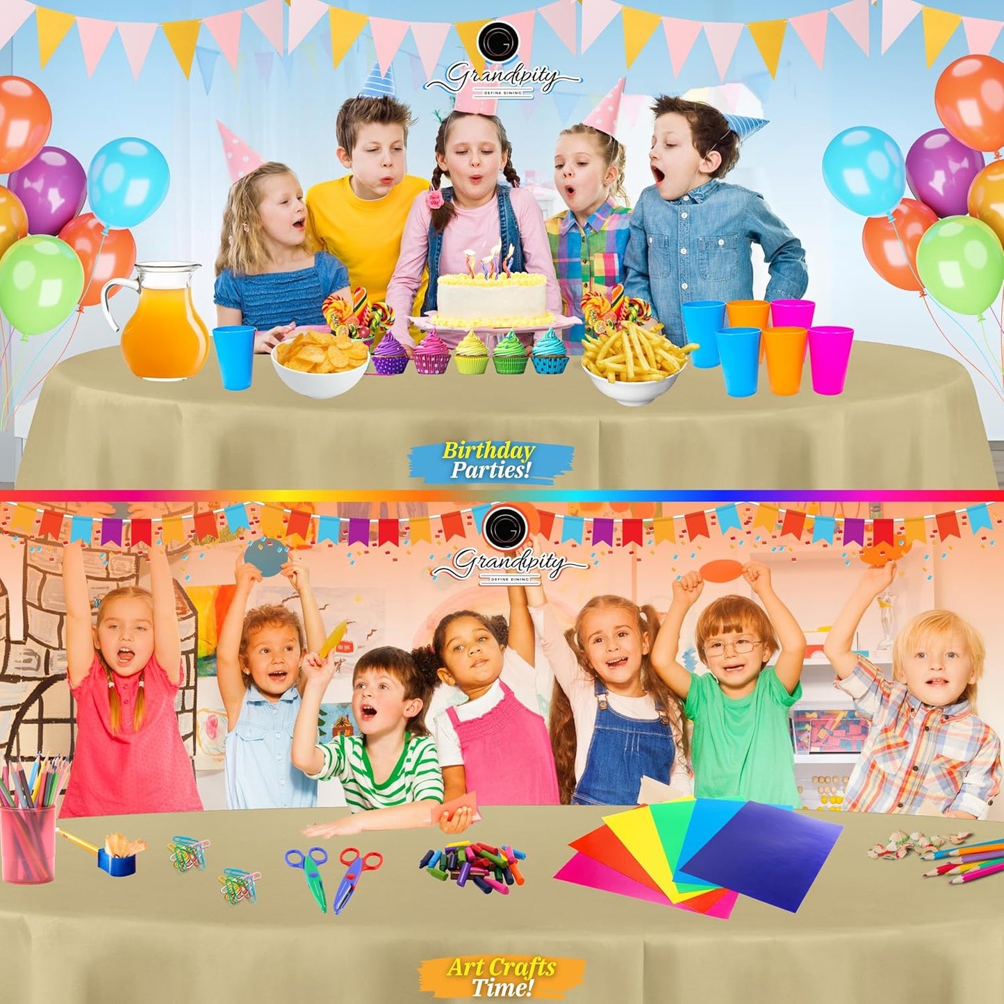 Grandipity 12 Pack Premium Disposable Plastic Tablecloth 84" Inch Decorative Round Table Cover - Beige