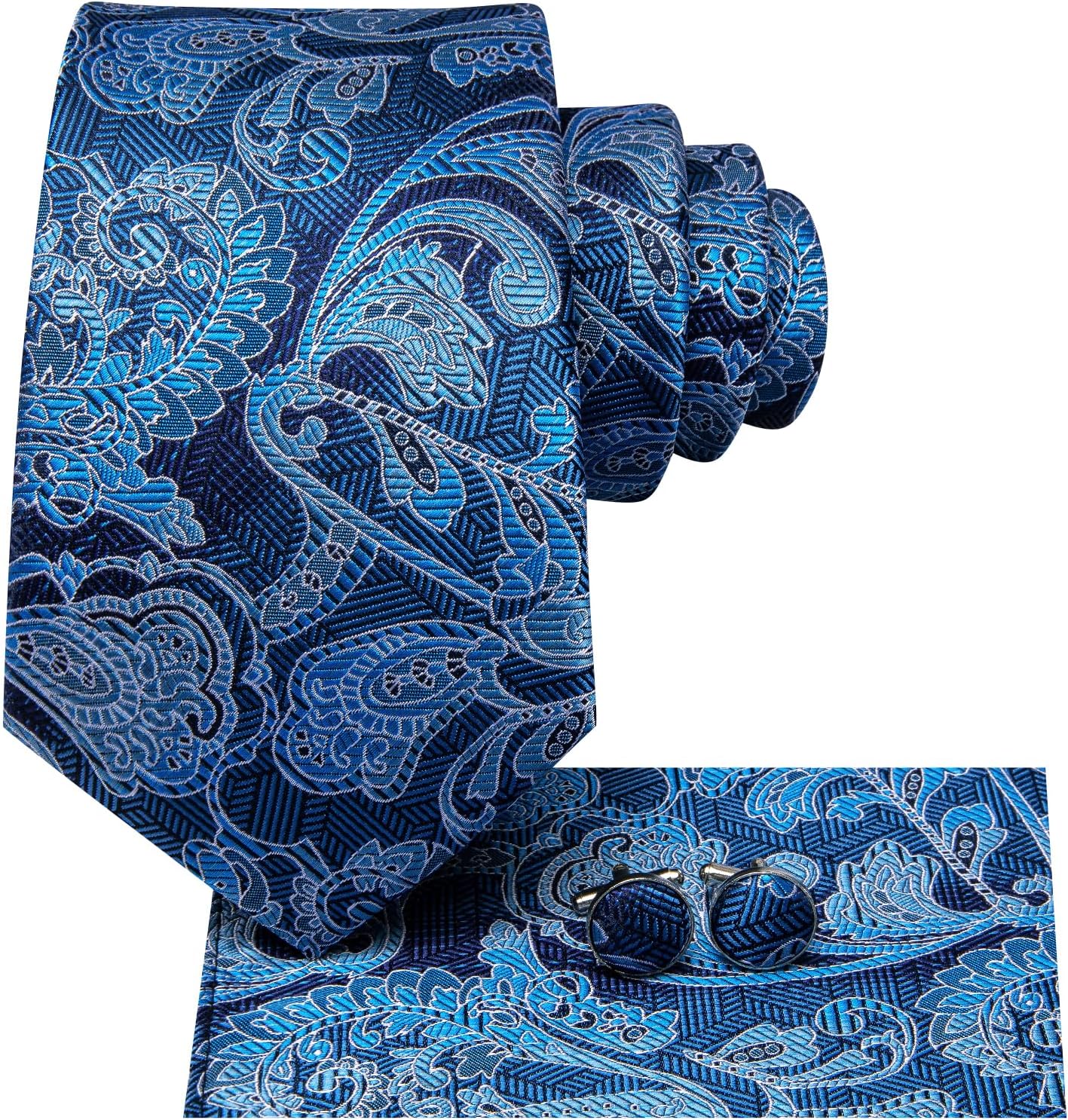 Hi-Tie Men 63inches Tie Set Extra Long Necktie Paisley Tie Pocket Suqare Cufflinks Big and Tall Men Tie