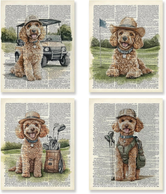 KSDUT Vintage Dog Golf Wall Decor Art Set of 4 - Retro Poodle Artwork Poster Prints Golf Club Wall Decor Golf Gifts Wall Art for Nursery Sports Room Dorm Decorations - 8"x10" Unframed