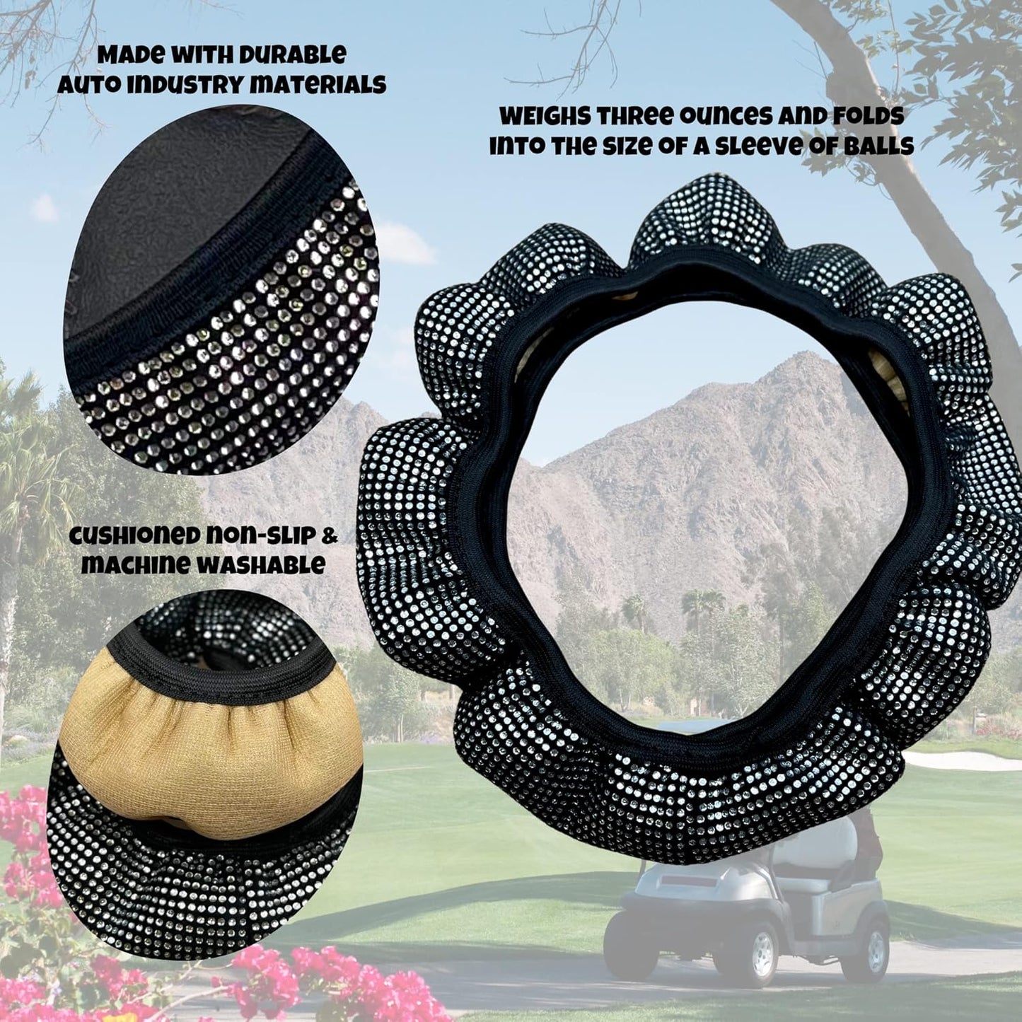 Universal Colorful Bling Crystal Diamond Rhinestones Golf Cart Steering Wheel Cover fits Club Car, Yahama, EZGO, Anti Slip Cover Easy to Install, Great Gifts for Golfer Women Womens (White Diamond)