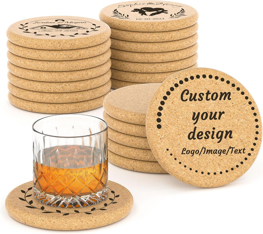 30-100Pcs Personalized Coasters, Custom Cork Drink Coasters with Laser Engraved Text Name Logo, Non-Slip, Heat-Resistant, Custom Wedding, Anniversary, Housewarming Gifts (Upgraded Version)