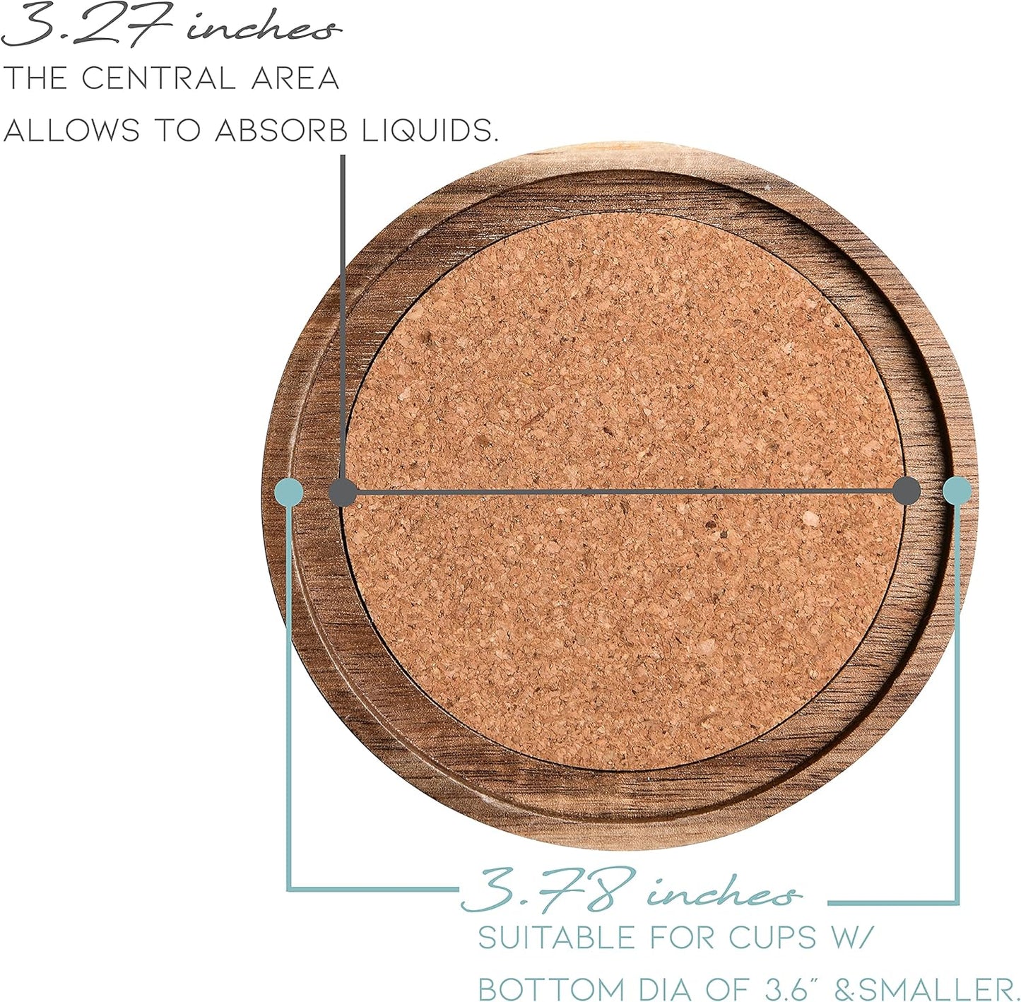 Acacia Wood Coasters for Drinks, 4.13 Inch, Set of 6, Absorbent and Insulation Cork Stackable Cup Holders, Rustic Coasters for Wooden Table, Designed by S1EGAN