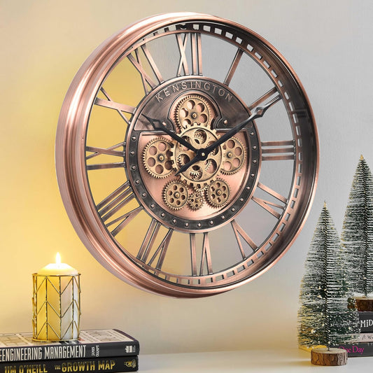CLXEAST 21 Inch Large Roman Numeral Wall Clock with Moving Gears,Farmhouse Copper Rose Gold/Copper Metal Wall Clocks for Living Room Decor,House Warming Gifts New Home