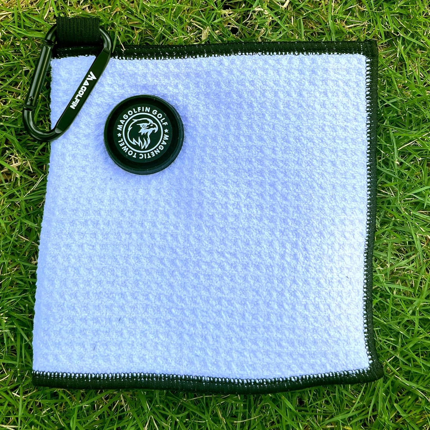 Small Magnetic Golf Towel with Clip, Microfiber Waffle Design - Industrial Strength Magnet for Glof Balls, Golf Bags, Carts Clubs - White