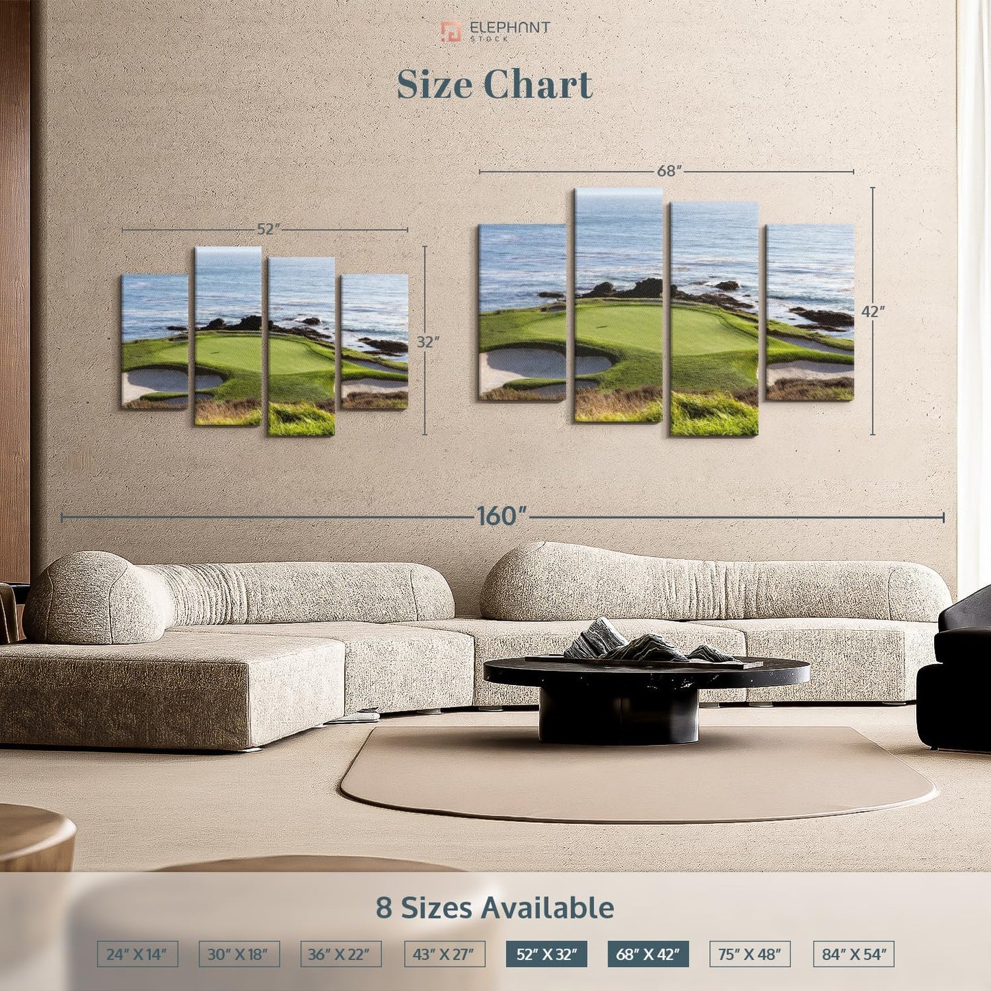 Elephant Stock Pebble Beach Golf Turf Wall Art - Horizontal Canvas - 4-Piece Hallway Wall Decor - Photographic Canvas Print - Brown and Blue Decor for Wall - 52" X 32"