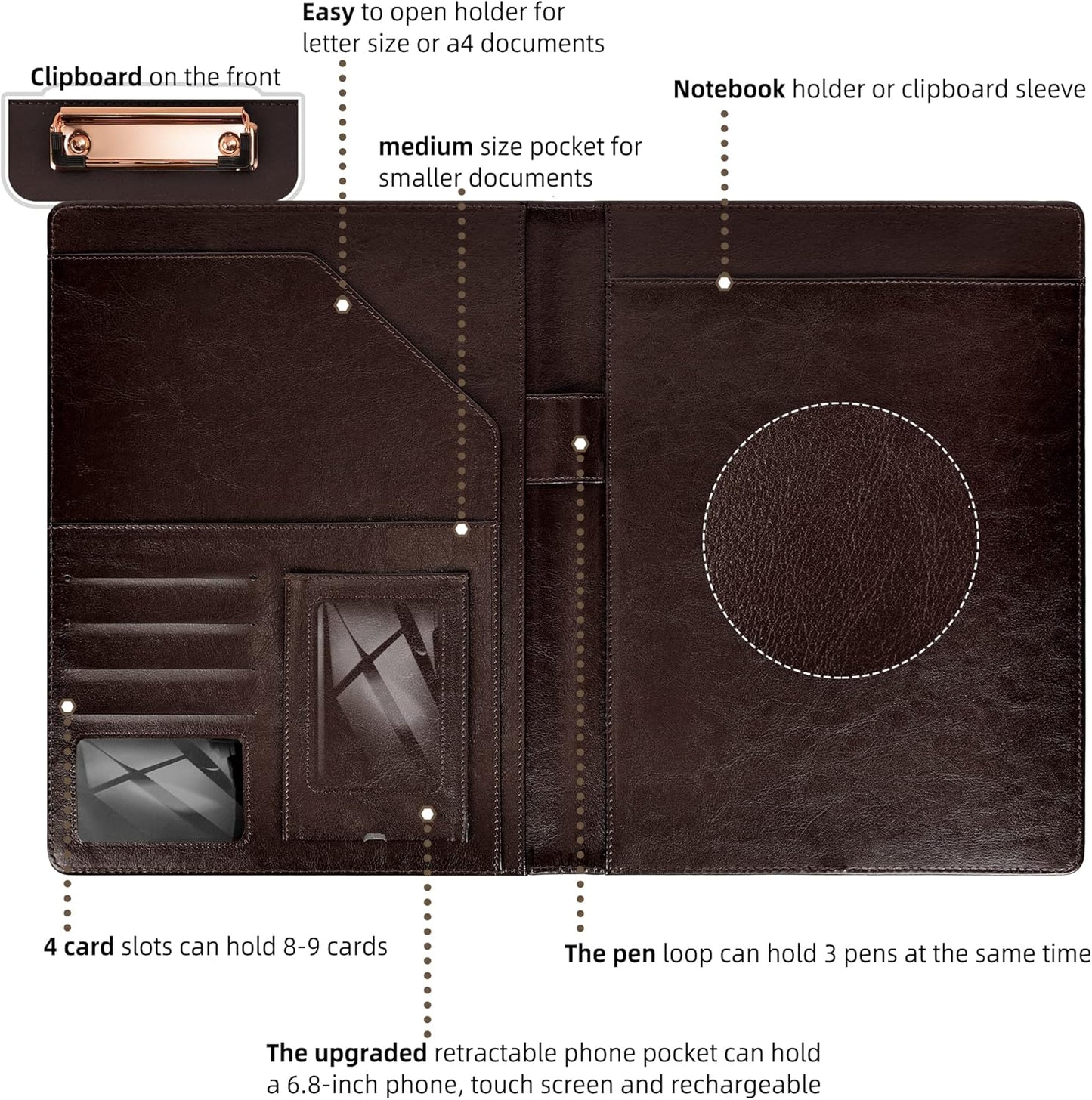 Leather Portfolios for Men Clip Boards 8.5x11 with Storage Dark Brown Leather Binder Folders