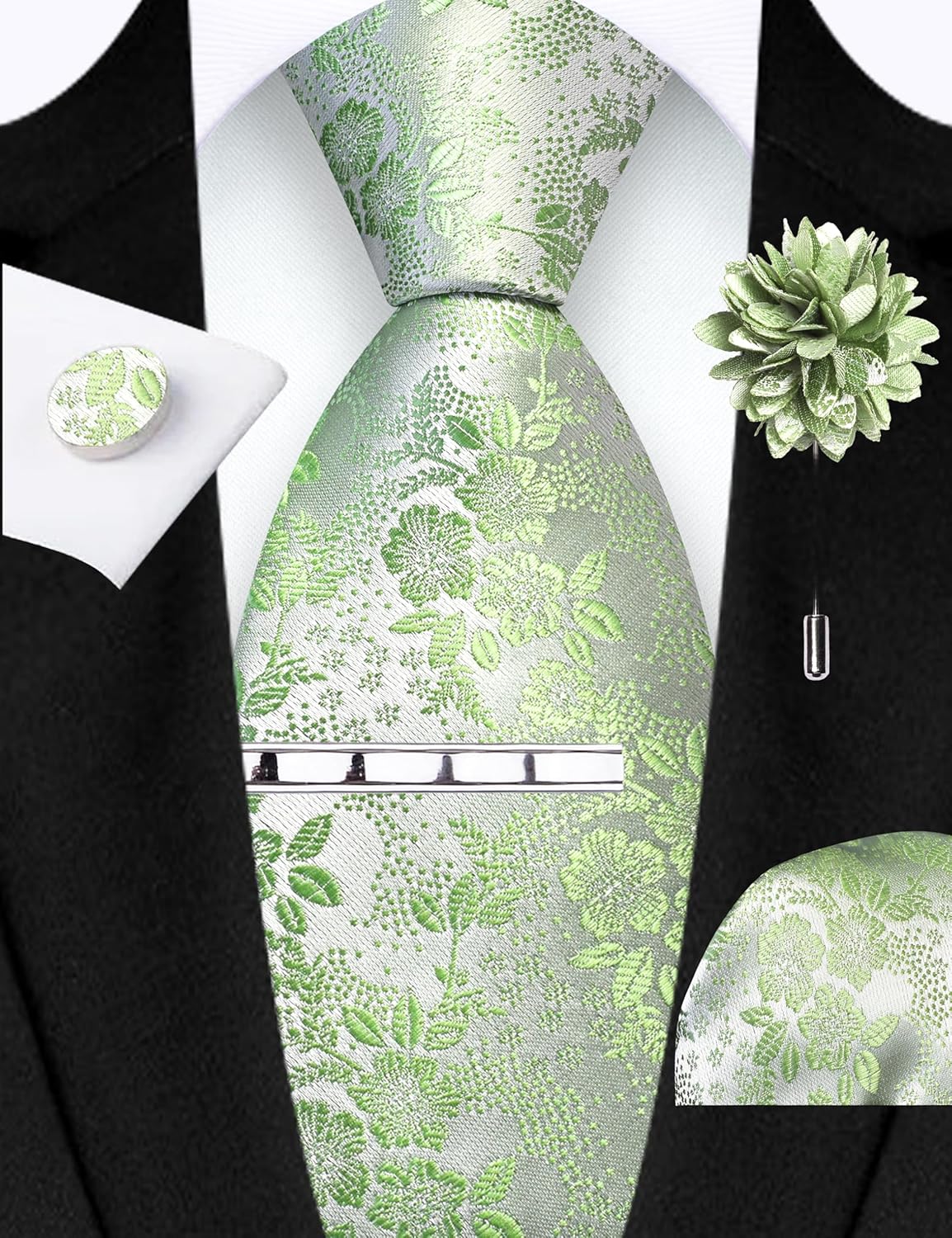 GUSLESON Tie Set for Men Necktie and Pocket Square,Tie Clip,Cufflinks, Lapel Pin Sets with Gift Box 5PCS