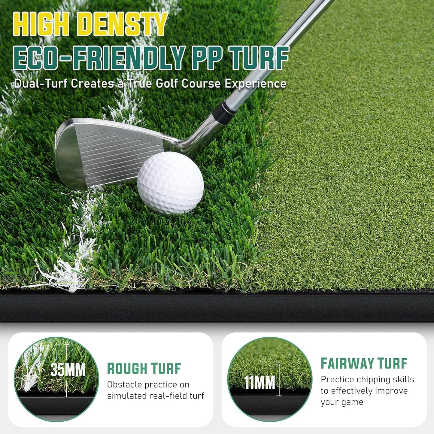 Dual Turf Golf Mat - Practice Indoor/Outdoor, 5 x 4 ft Hitting Mat with Alignment Lines, 9 Tees & Balls Accessories for Swing, Chipping, Putting