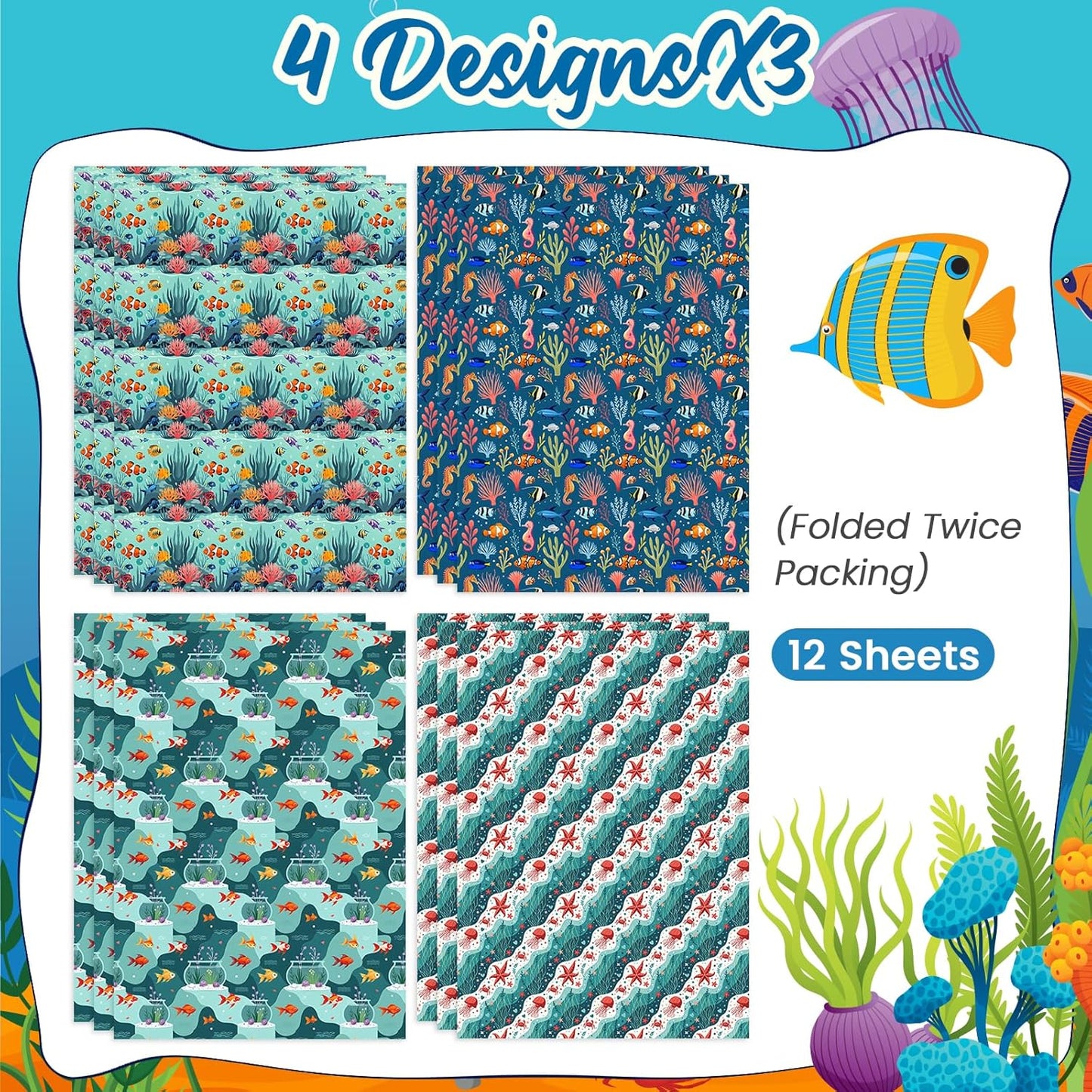 Pineraap Ocean Wrapping Paper 12 Sheets Under the Sea Gift Wrap for Ocean Lovers,Beach Parties,Marine Enthusiasts,20"×28"
