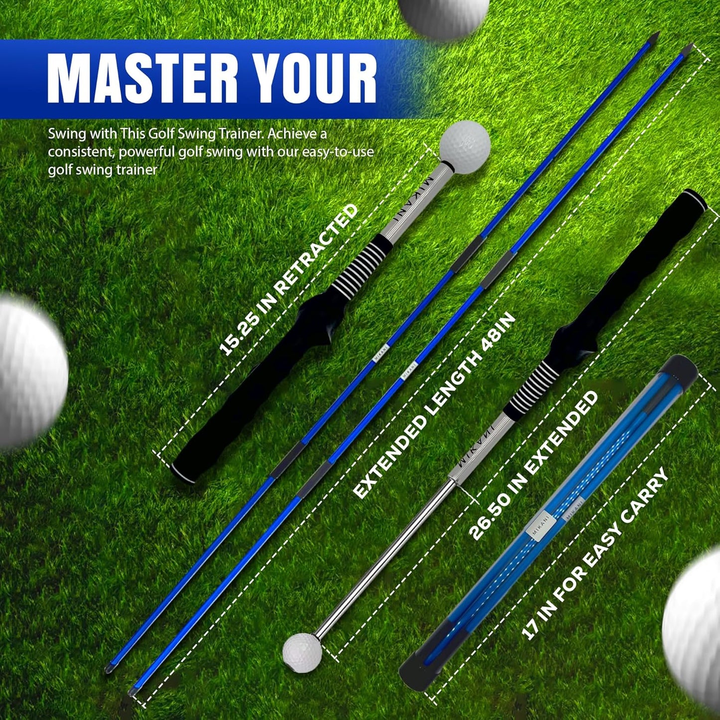 Mikani Retractable Golf Swing Training Aid - Click Stick Swing Training with Golf Grip Trainer | Golf Swing Trainer |Golf Alignment Sticks | Click Sound Tempo Training, Golf Accessories for Golfers
