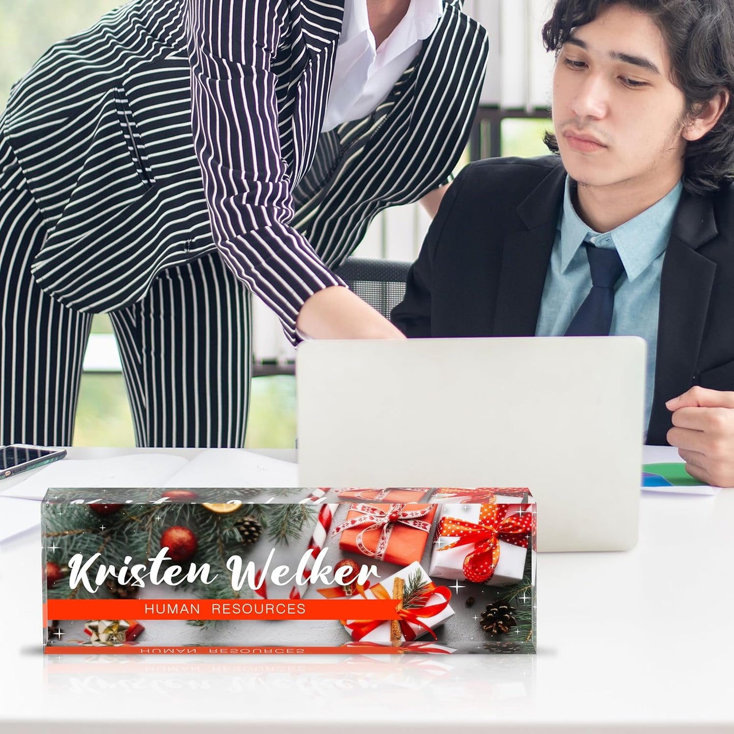 Personalized Name Plate for Desk Custom Acrylic Desk Name Plate Custom Employee Appreciation Gifts Office Gifts for Women, Men, Boss, Coworkers, Teacher, Nurse (Christmas Gift Box)