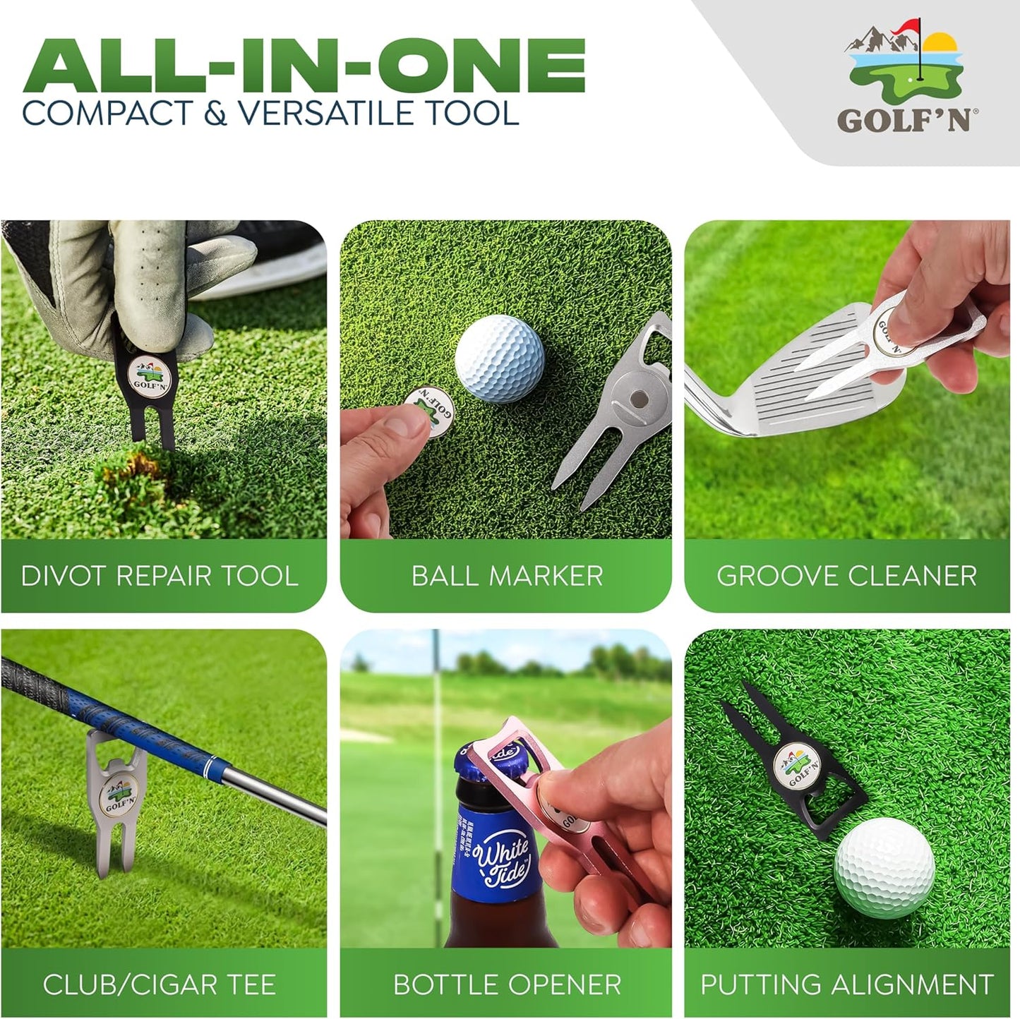 Golf'N Aluminum Golf Ball Marker Divot Repair Tool - Magnetic Ball Marker, Groove Cleaner & Bottle Opener - Essential Golf Divot Tool for Golfers, Sleek Design