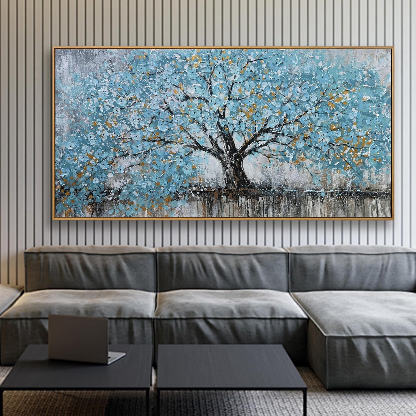 Wall Art Teal Blue Nature Abstract Tree Of Life Framed Modern Artwork Canvas Painting Textured Tree Pictures Wall Decor For Living Room Bedroom Dining Room Home Office Decor 24"X48" With Framed