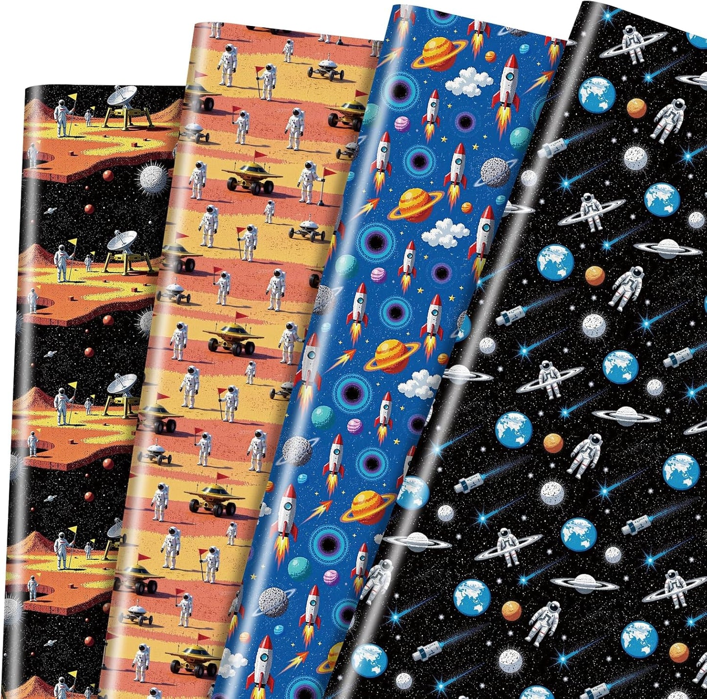 Space Wrapping Paper 12 Sheets Astronaut Rocket Planets Blue Galaxy Gift Wrap for Birthday,Baby Shower,Holiday,20"×28"