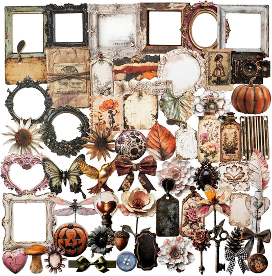 Retro Journal Sticker Set, 100PCS Vintage Precut Designs Featuring Florals, Keys, Frames, Butterflies and Ephemera Elements for Scrapbook and Collage Art