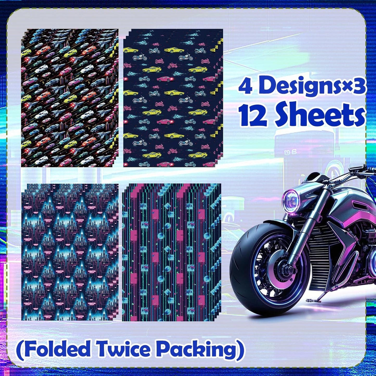 Pineraap Cyber Future Wrapping Paper 12 Sheets 4 Futuristic Themed Designs Neon Gift Wrap for Sci-Fi Fans,Tech Lovers,20"×28"