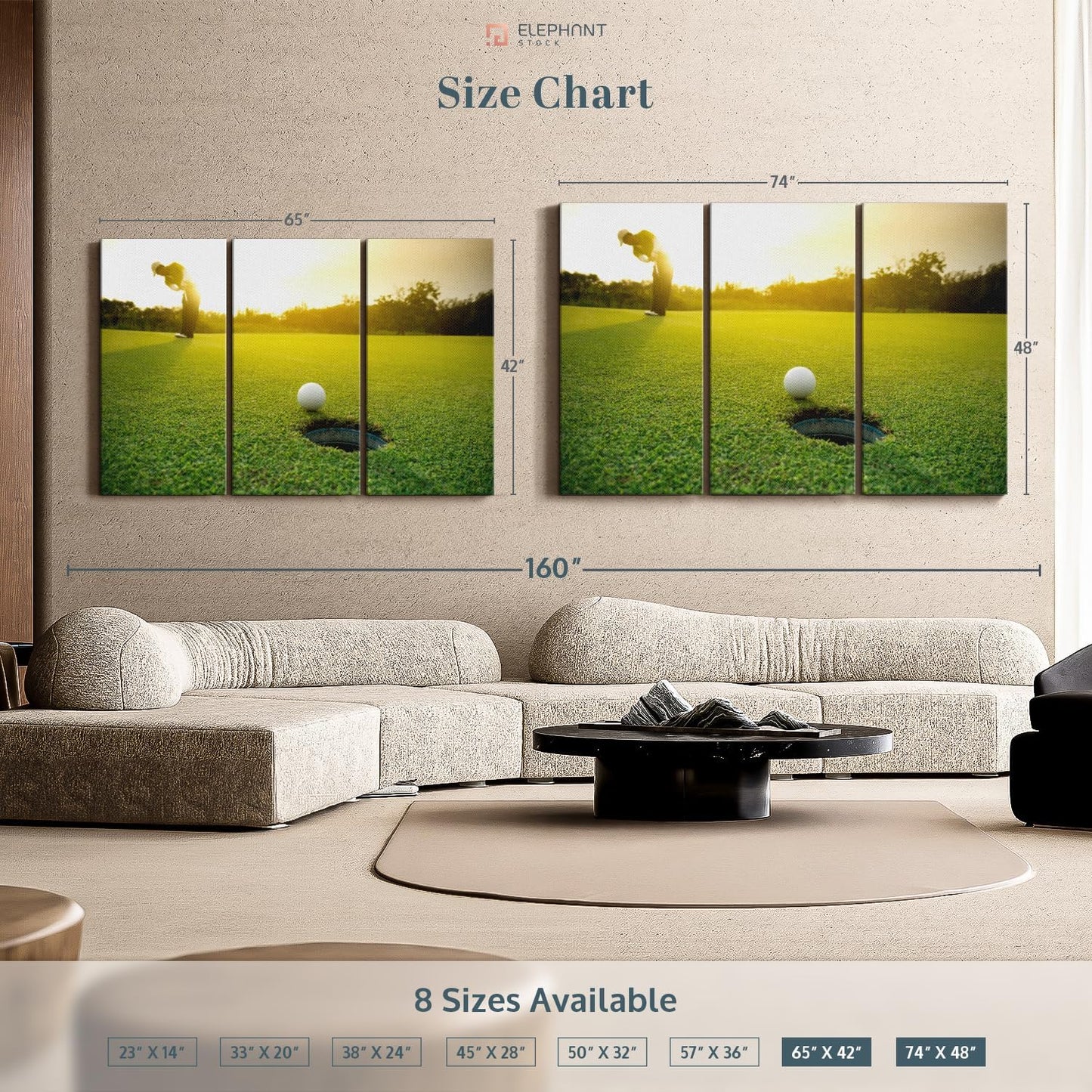 ElephantStock Golf Ball Strike Wall Art - Horizontal Canvas - 3-Piece Living Room Wall Decor - Photography Sports Canvas Print - Green and White Decor for Wall - 65" X 42"