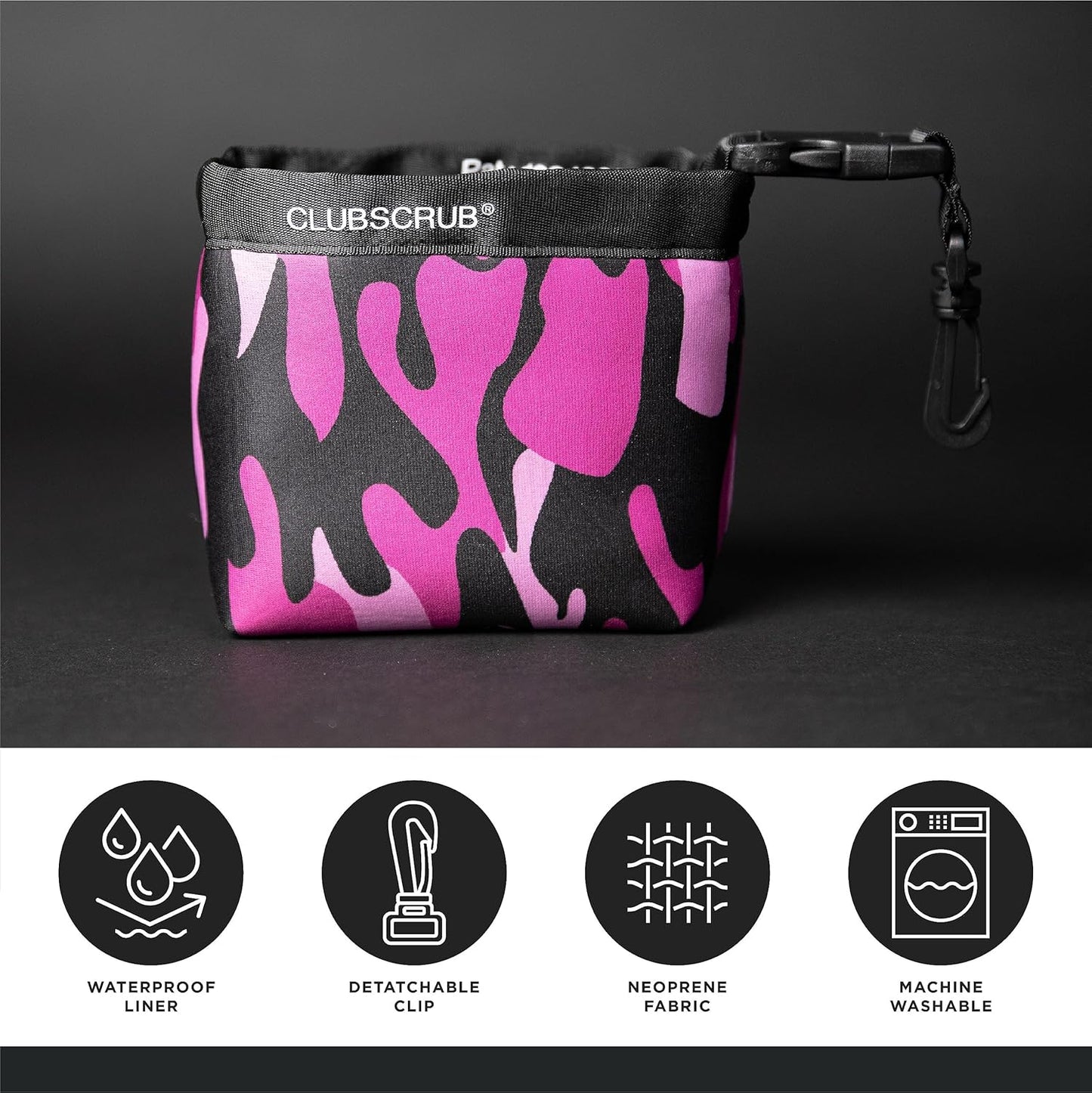 Club Scrub Golf Club and Golf Ball Cleaning Bag, Waterproof Clean Face Technology Liner, Detachable Clip, Machine Washable, Cleans Club Grooves, Dry Exterior (Neoprene or Microfiber Option Available)