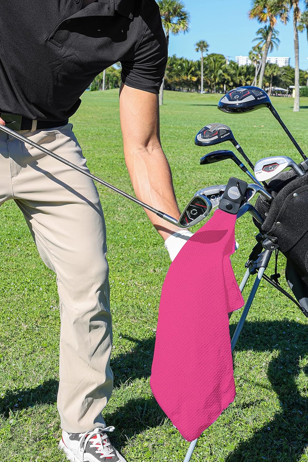 Magnetic Golf Towels for Golf Bags with Clip & Ultra Strong Magnet - Waffle Weave Microfiber Towel for Secure Hold on Bags & Carts - Ideal Club Cleaner & Accessories - Pink