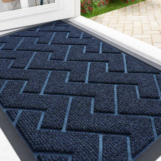 OLANLY Front Door Mat Indoor Outdoor Entrance, Waterproof All-Season, All-Weather Doormat, Sturdy Natural Rubber, Low Profile, Easy Clean Patio Porch Entryway Mat, Herringbone Brick (Blue, 47x32)