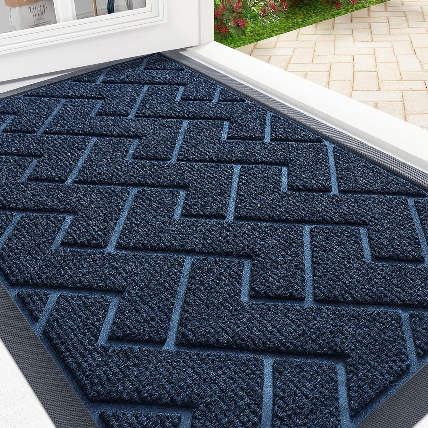 OLANLY Front Door Mat Indoor Outdoor Entrance, Waterproof All-Season, All-Weather Doormat, Sturdy Natural Rubber, Low Profile, Easy Clean Patio Porch Entryway Mat, Herringbone Brick (Blue, 59x35)