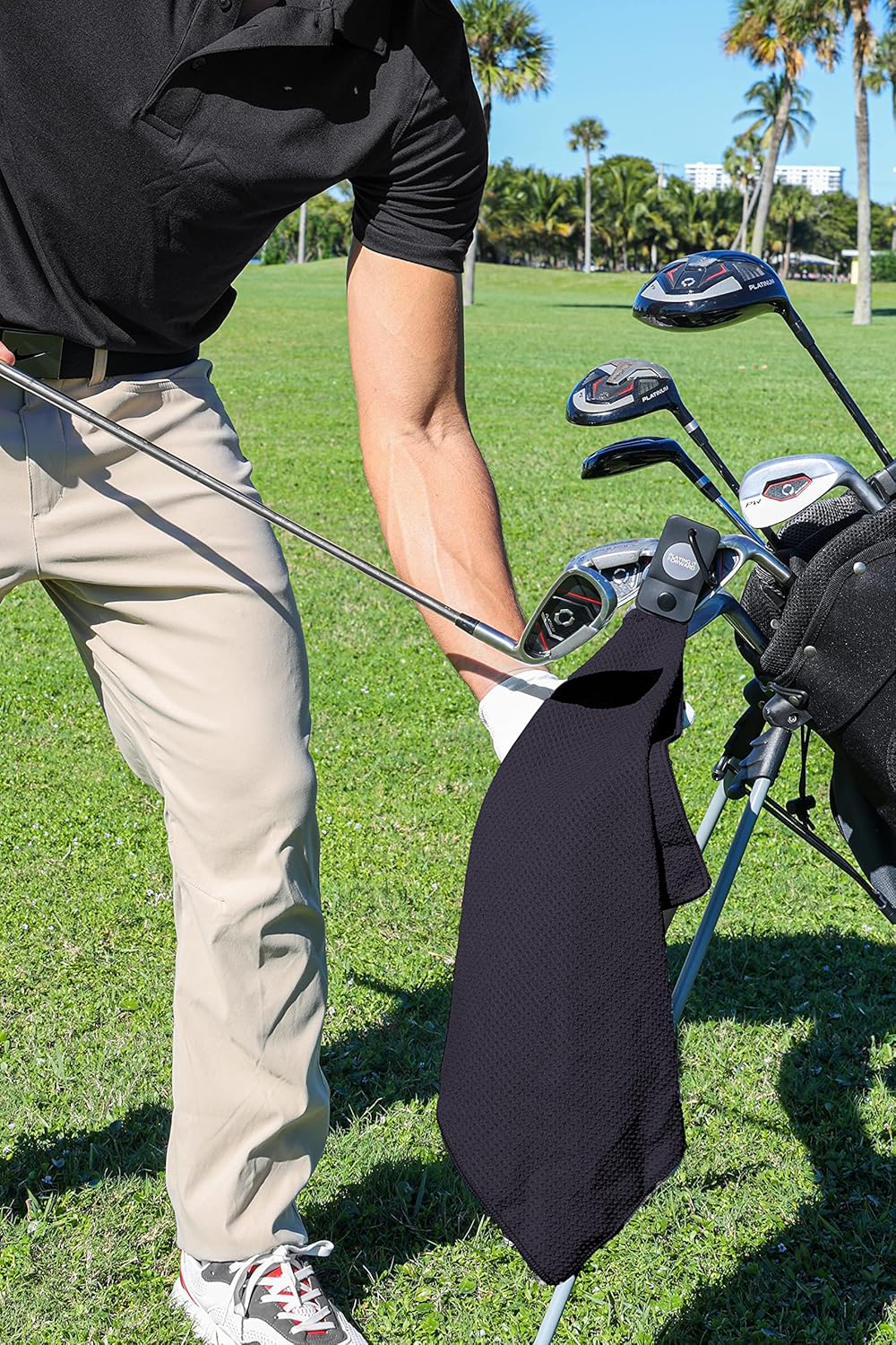 Magnetic Golf Towels for Golf Bags with Clip & Ultra Strong Magnet - Waffle Weave Microfiber Towel for Secure Hold on Bags & Carts - Ideal Club Cleaner & Accessories - Black