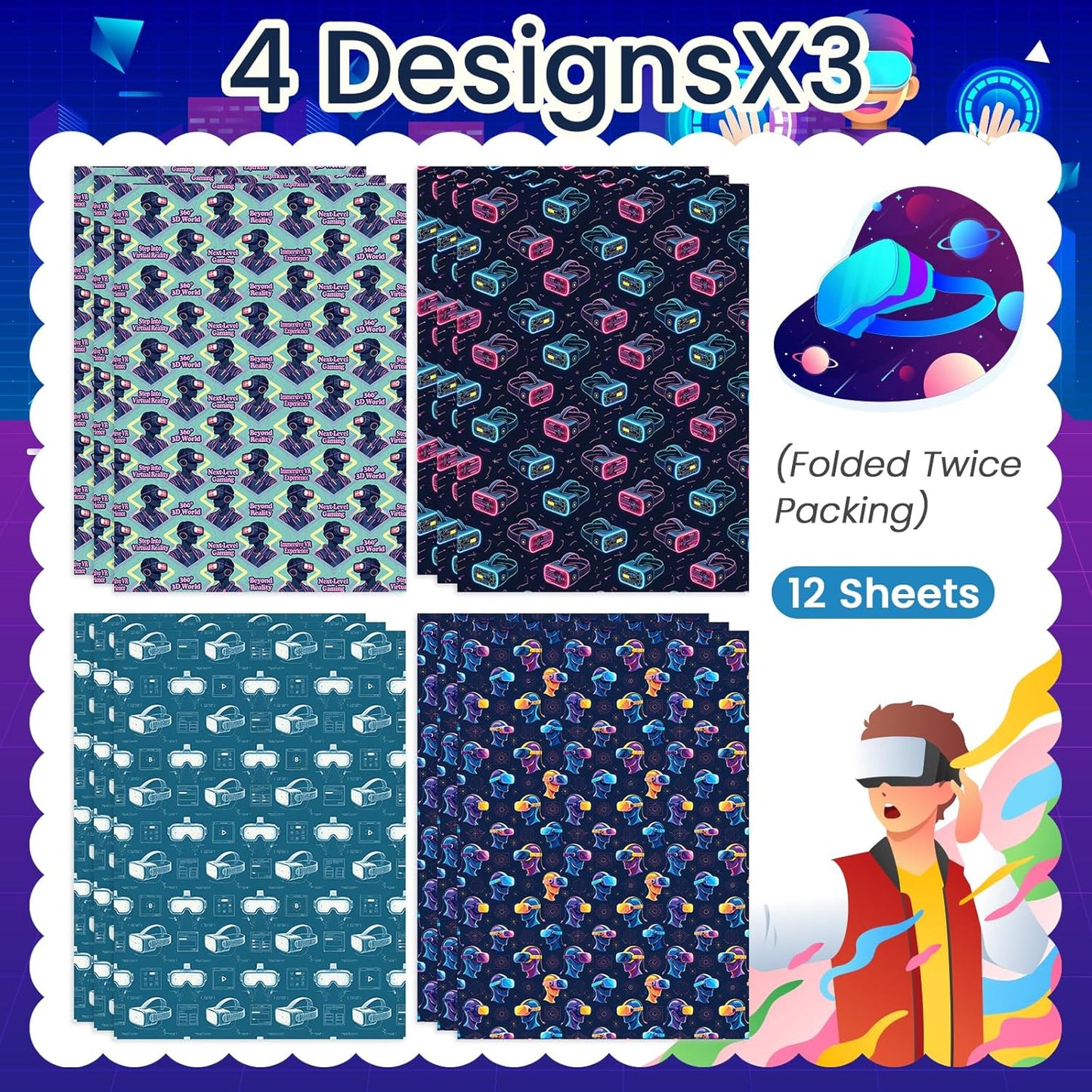 Pineraap VR Themed Wrapping Paper 12 Sheets Virtual Reality Gaming Gift Wrap for VR Lovers,Gamers,Tech Enthusiasts,20"×28"