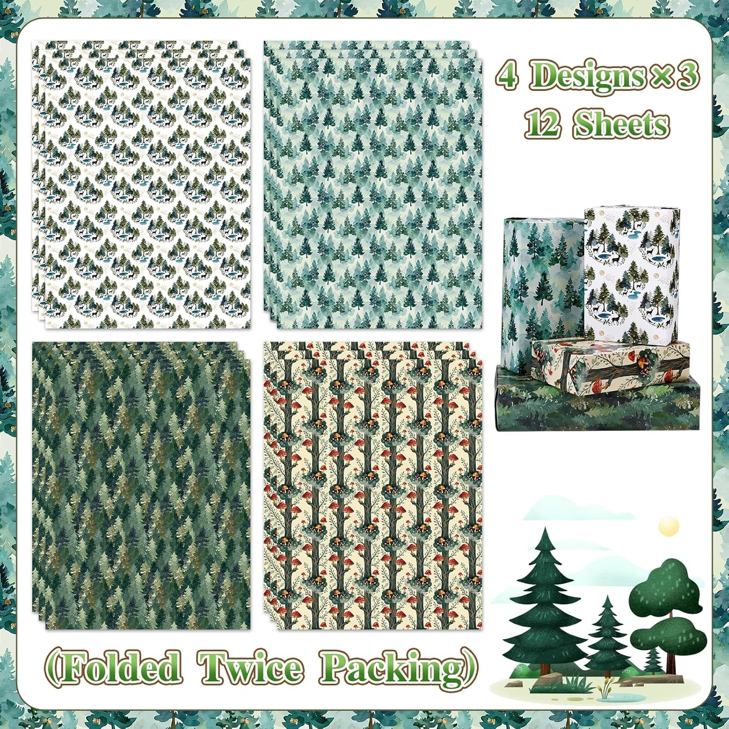 Pineraap Forest Wrapping Paper 12 Sheets Watercolor Mushroom & Woodland Theme Gift Wrap for Nature Lovers,Rustic Parties,DIY Craft,20"×28"