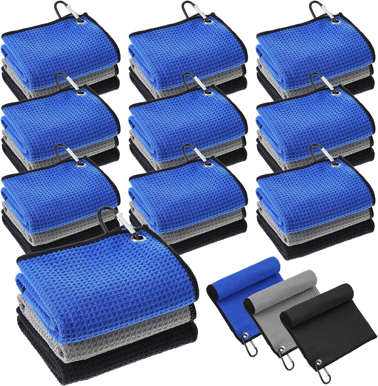 Batiyeer 30 Pcs Bulk Golf Towels for Golf Bags 16'' x 16'' Microfiber Fabric Golf Towel Waffle Pattern with Clip for Bags Men Mini Tournament Fitness Yoga Camping(Black, Blue, Gray)