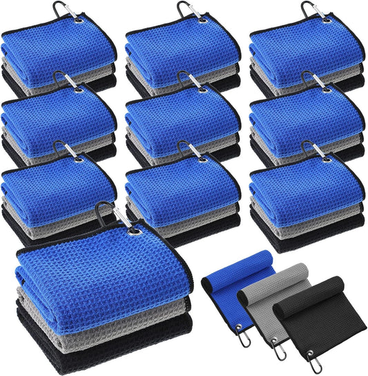 Batiyeer 30 Pcs Bulk Golf Towels for Golf Bags 16'' x 16'' Microfiber Fabric Golf Towel Waffle Pattern with Clip for Bags Men Mini Tournament Fitness Yoga Camping(Black, Blue, Gray)
