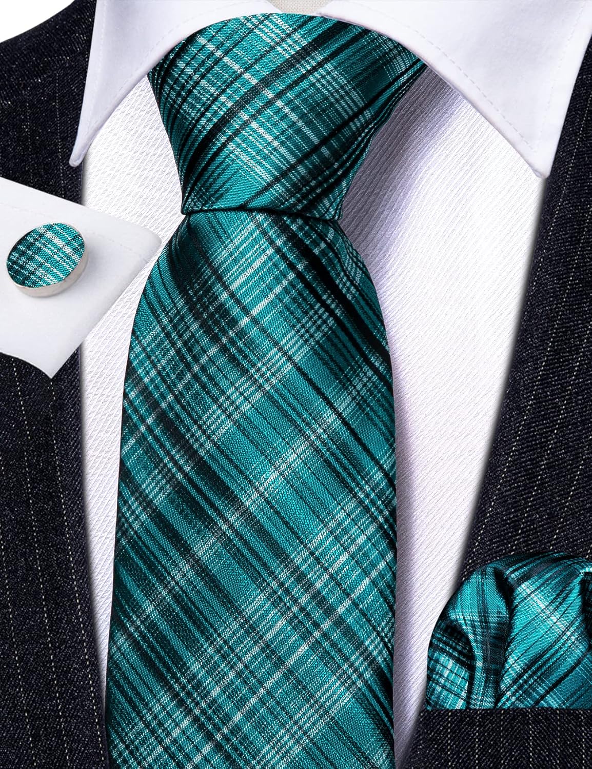 Barry.Wang Designer Classic Ties for Men Set Formal Pocket Square Cufflink Check Plaid