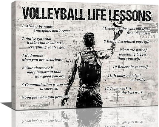 Volleyball Sports Wall Art Volleyball Life Lessons Wall Decor Volleyball Sign Retro Poster Boy Men Room Motivational Decorations Canvas Print Painting Artwork for Bedroom Bathroom Living Room 24"x20"